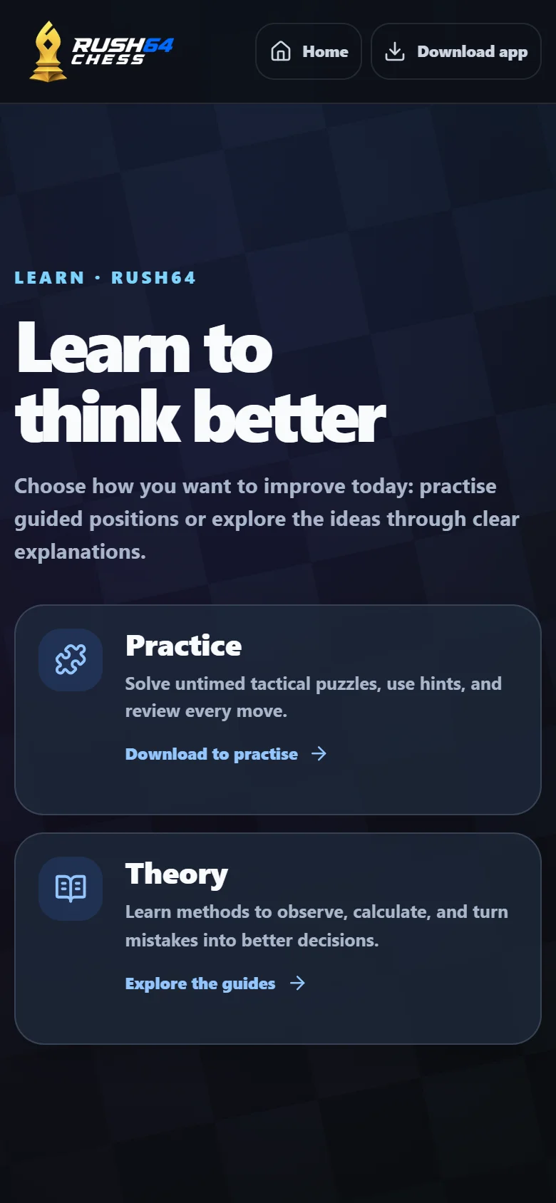Rush64 Chess web library with chess practice and theory guides