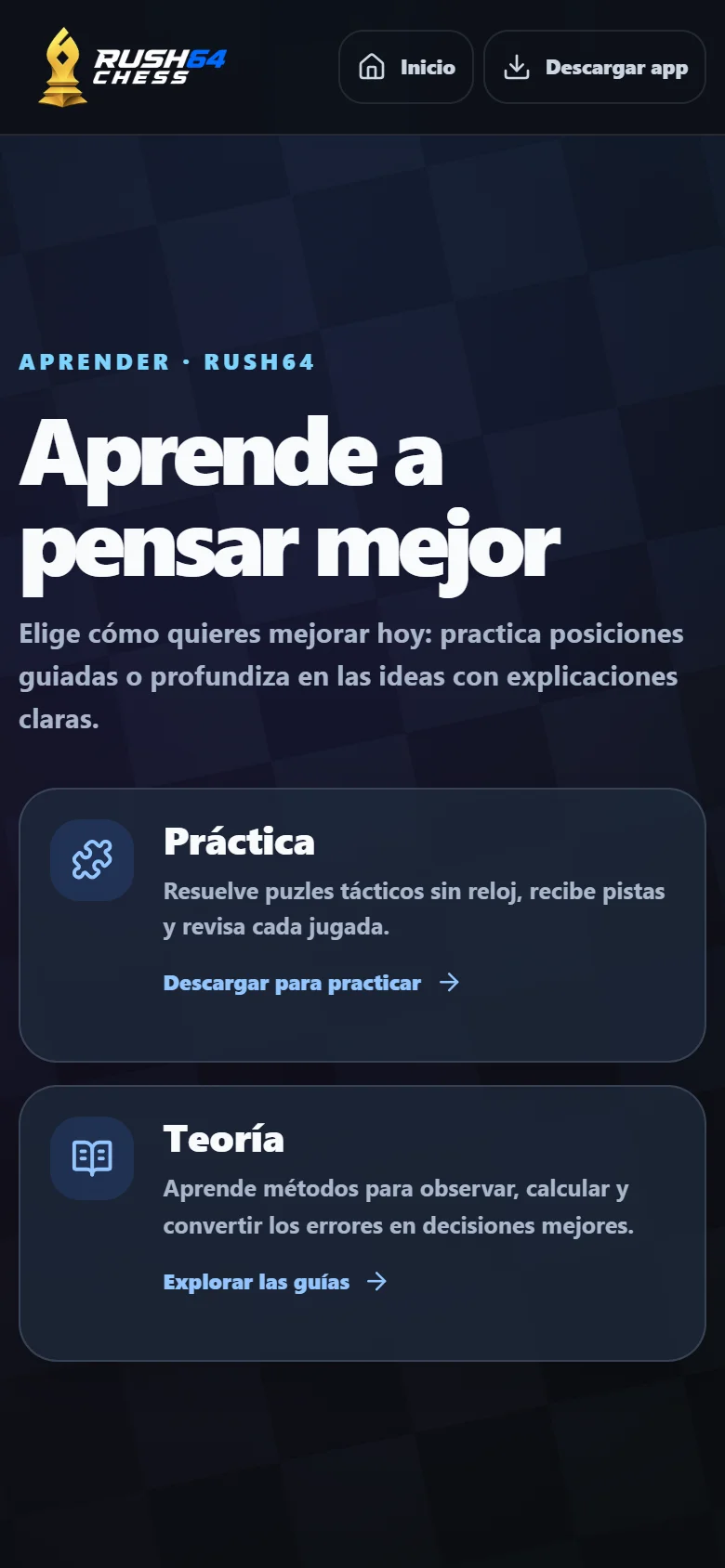 Biblioteca web de Rush64 Chess con práctica y guías de teoría de ajedrez