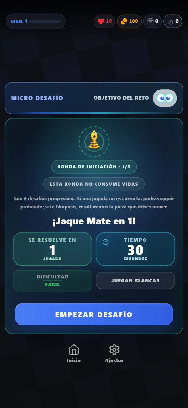 Pantalla real de presentación de un desafío de ajedrez en Rush64 Chess