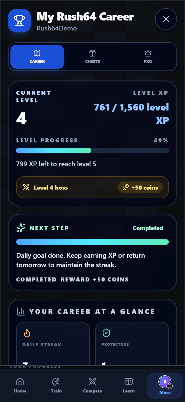 Rush64 Career with experience bar, levels and next objective; example data