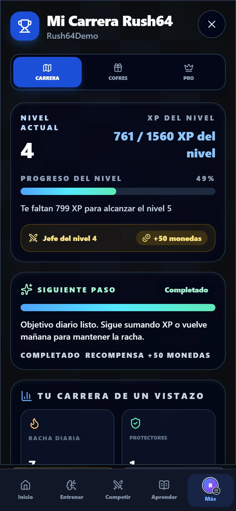 Carrera Rush64 con barra de experiencia, niveles y objetivo siguiente; datos de ejemplo