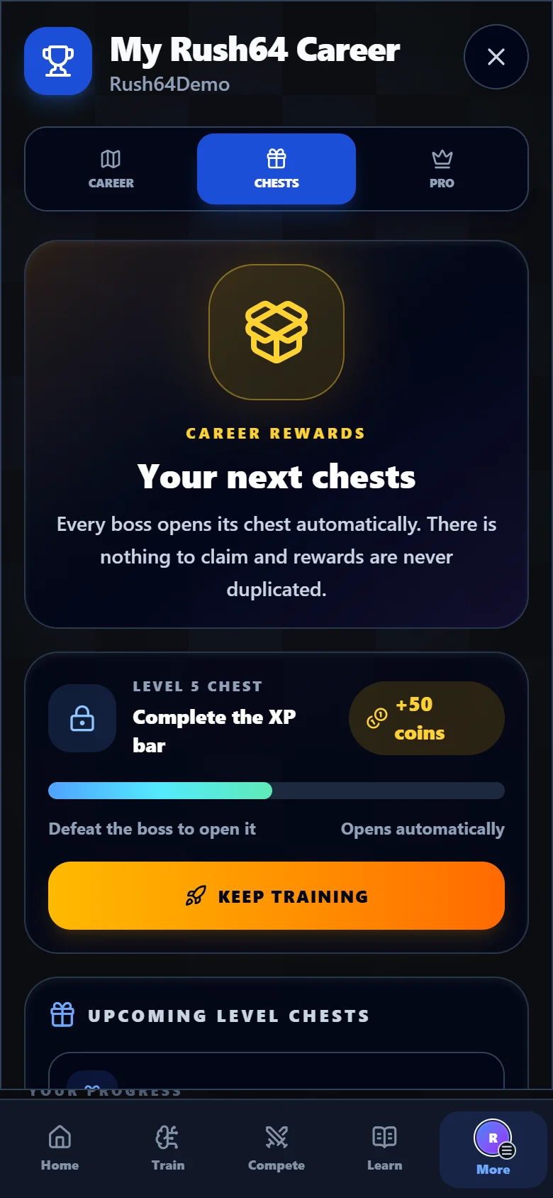 Rush64 Chess career chests with sample milestones and coin rewards