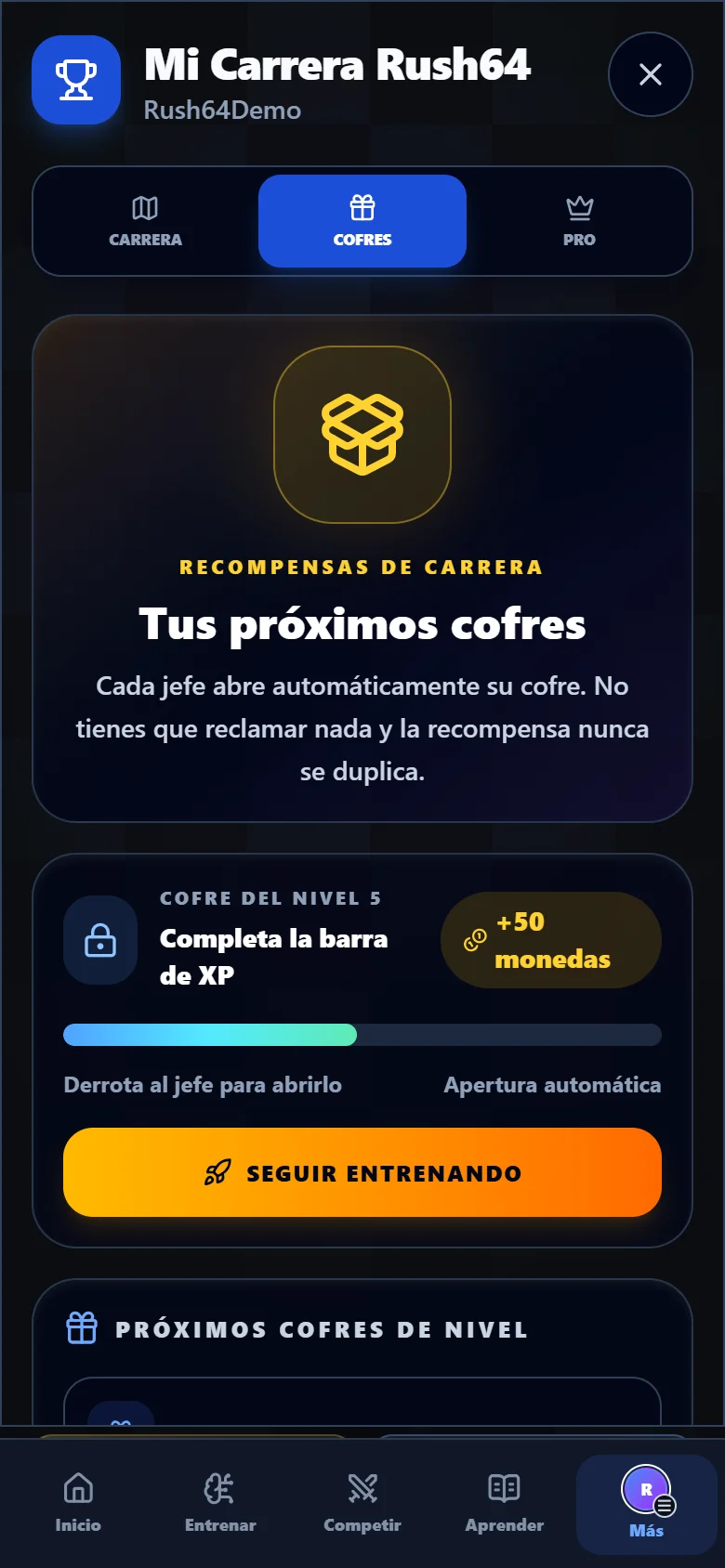 Cofres de carrera de Rush64 Chess con próximos hitos y monedas de demostración