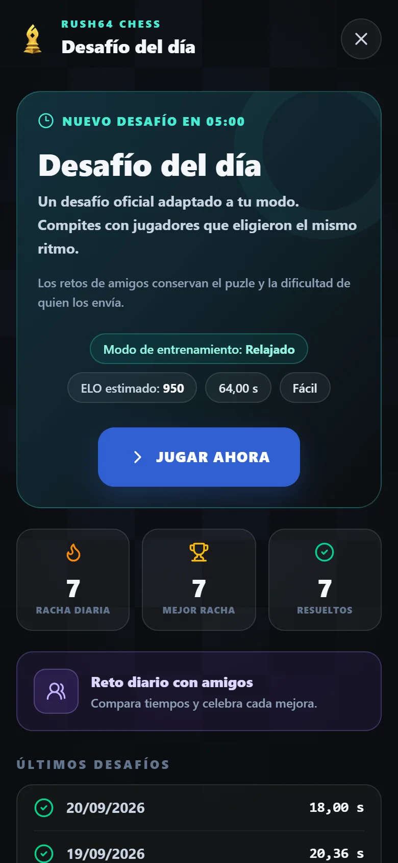 Pantalla del Desafío del día de Rush64 Chess con sus condiciones y botón de inicio, datos de demostración