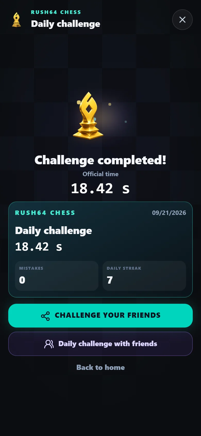 Sample Rush64 Chess daily challenge result with options to share with friends