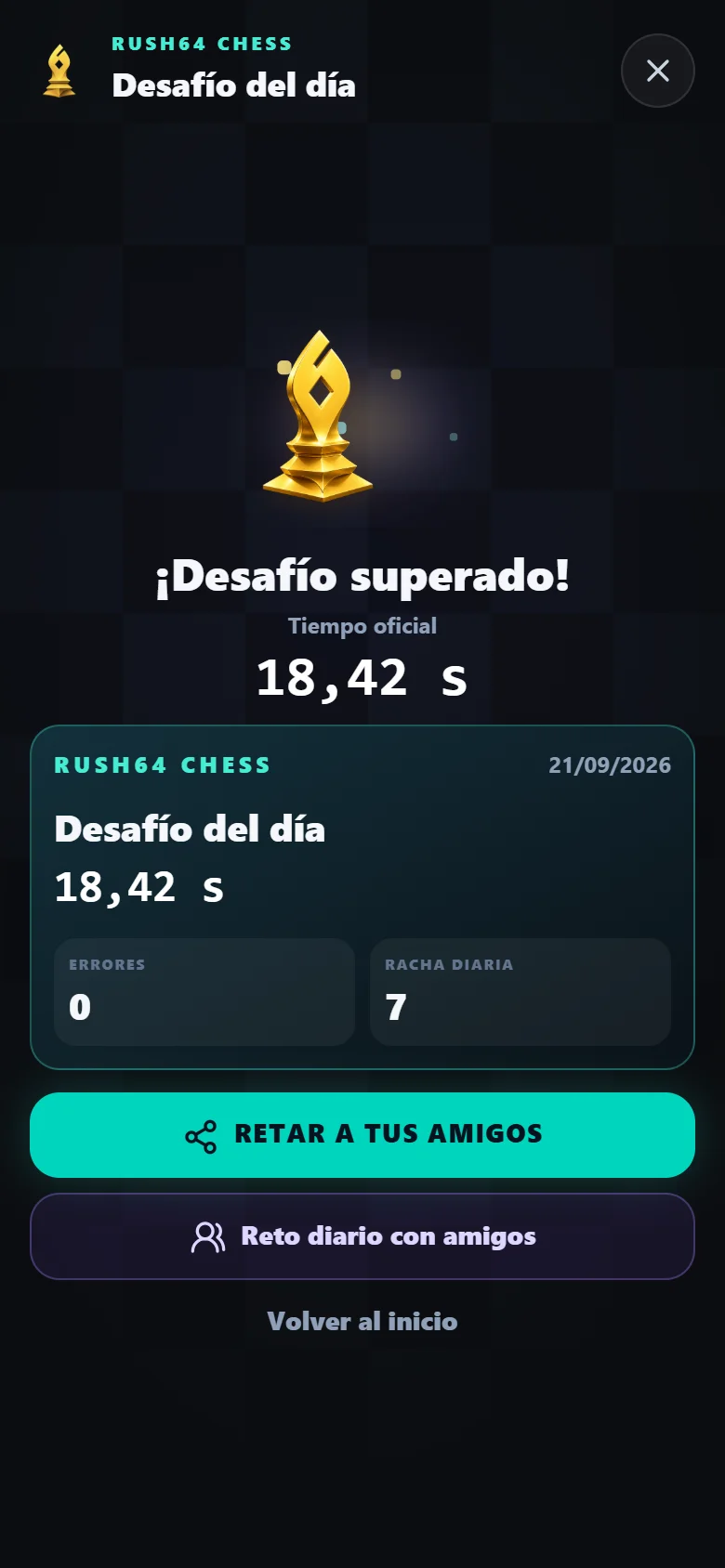 Resultado de ejemplo del desafío diario de Rush64 Chess con opciones para compartir con amigos