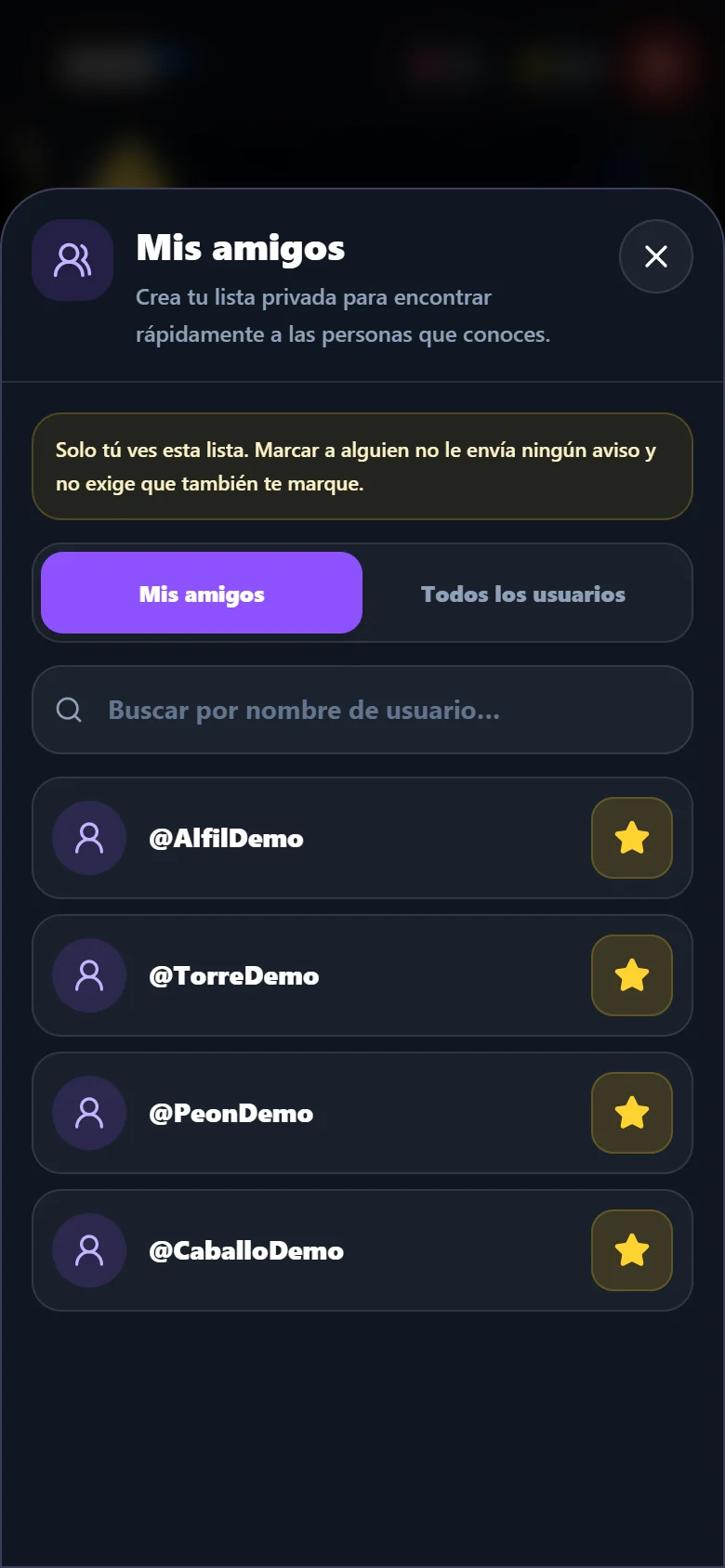 Lista de amigos de Rush64 Chess con nombres de demostración