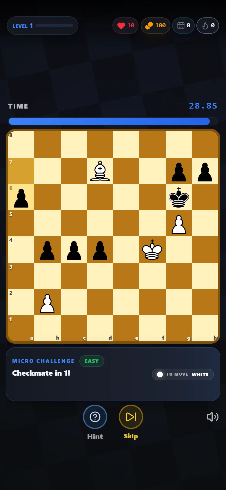 Real Rush64 Chess screenshot showing a tactical challenge, chessboard, timer and help