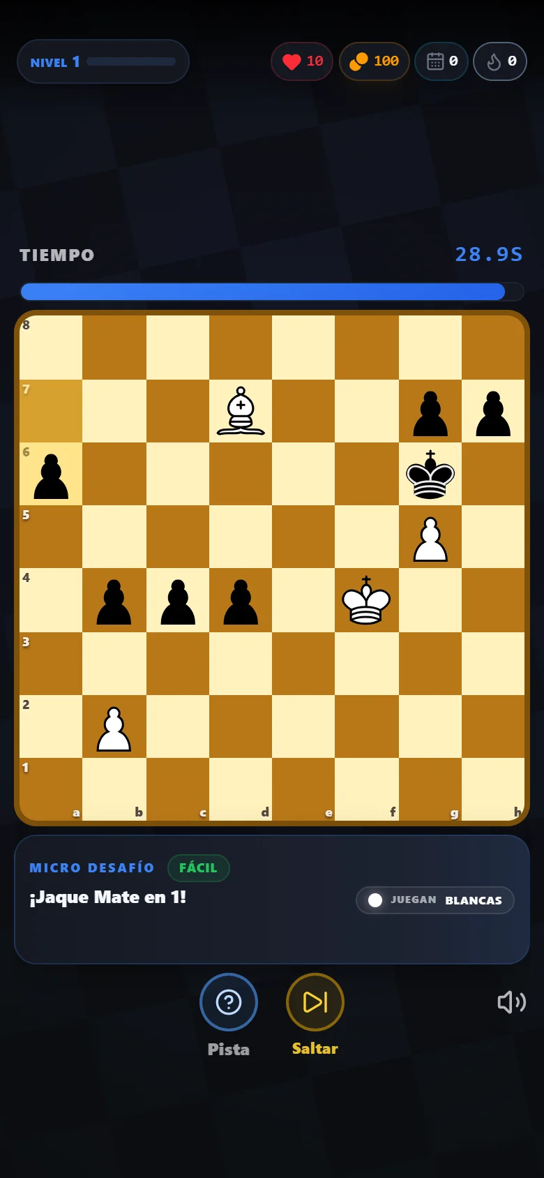 Captura real de Rush64 Chess: desafío táctico con tablero de ajedrez, reloj y ayuda