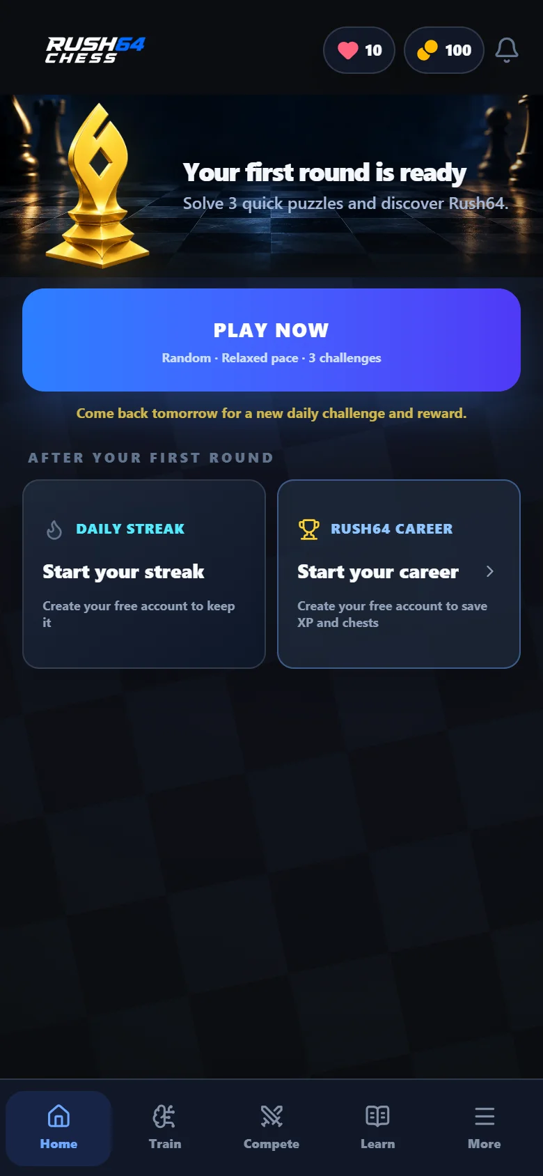 Real Rush64 Chess home screen with Play now and a three-challenge round