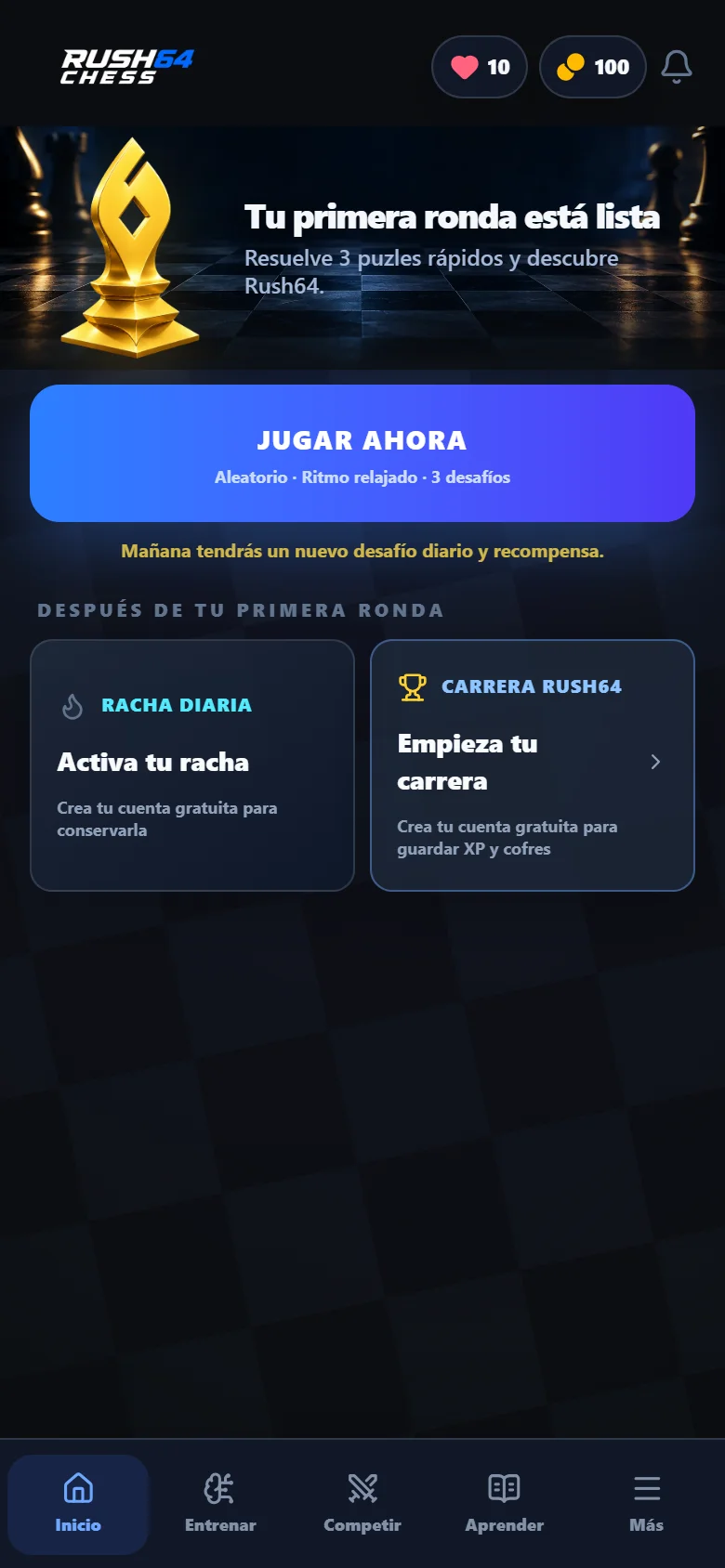 Inicio real de Rush64 Chess con el botón Jugar ahora y una ronda de tres desafíos