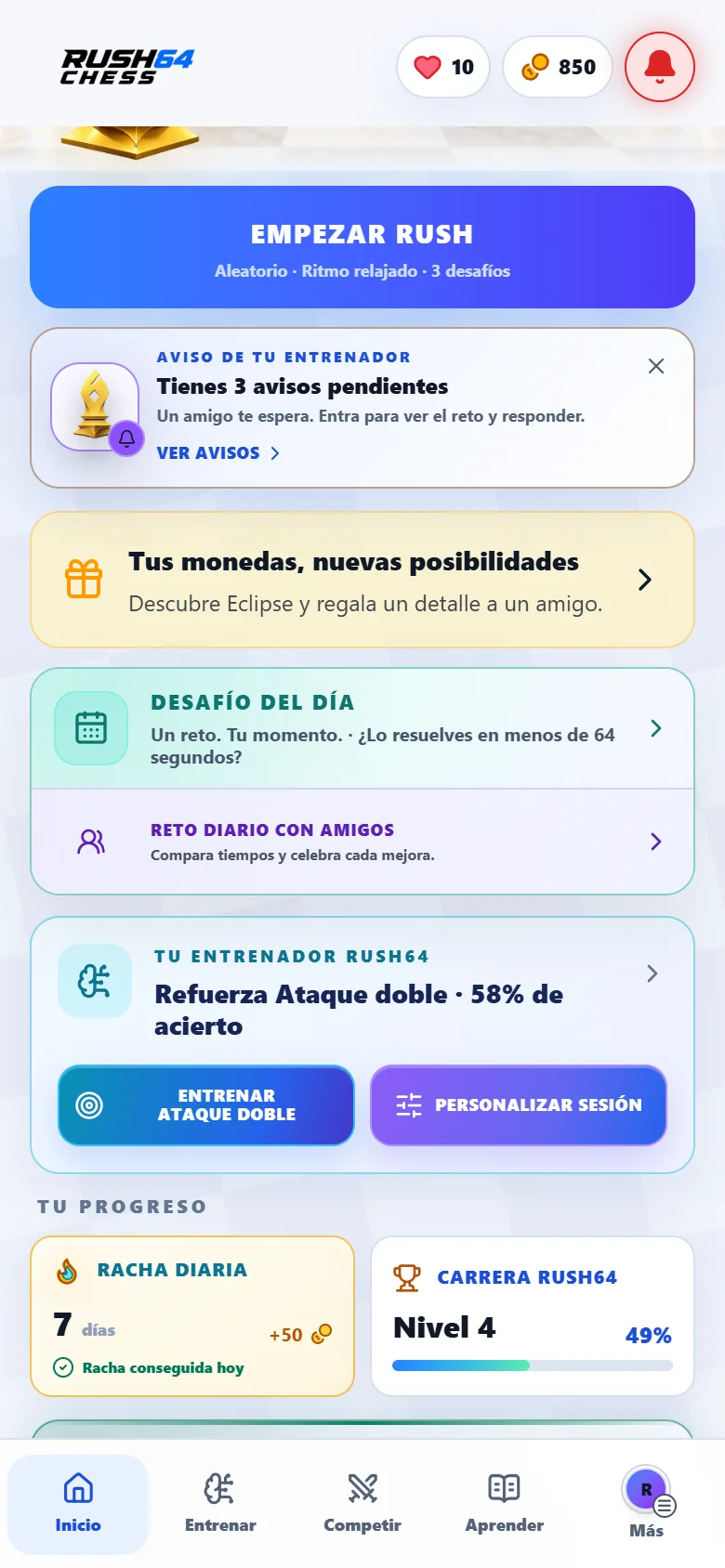 Parte inferior del inicio claro de Rush64 Chess con entrenador, racha y carrera; datos de demostración