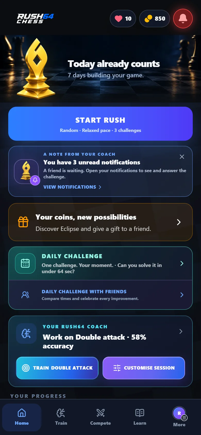 Rush64 Chess dark home with play, notifications and daily challenge; demonstration account
