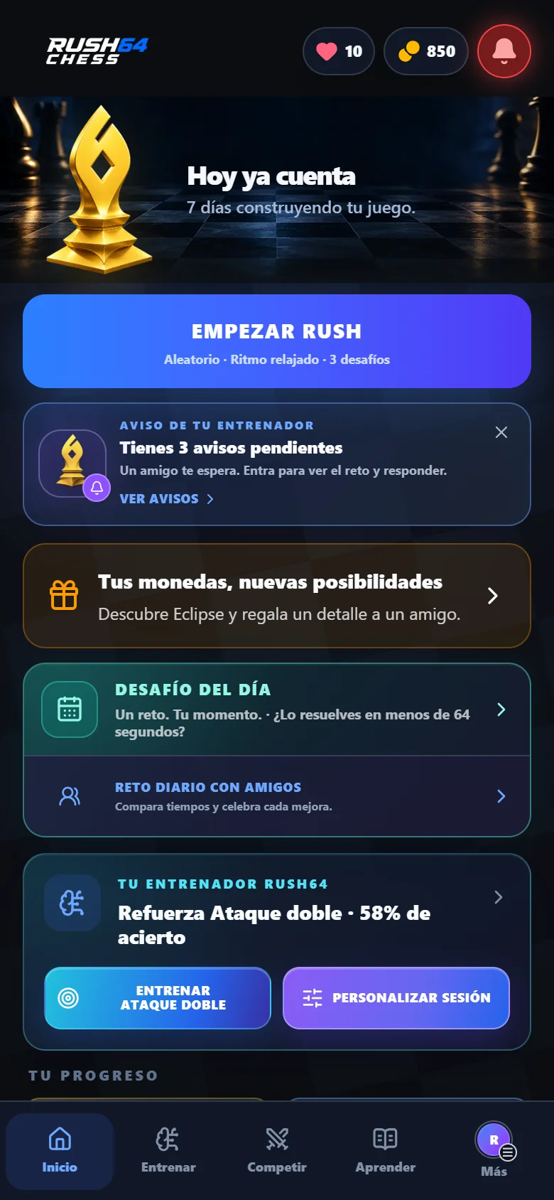 Inicio oscuro de Rush64 Chess con jugar, avisos y desafío diario; cuenta de demostración