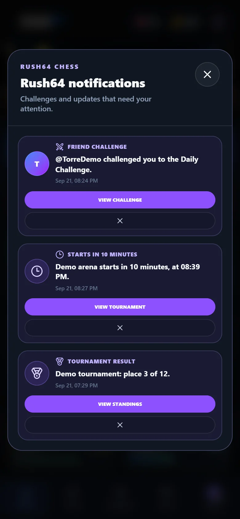Rush64 Chess notification centre with sample friend challenge, reminder and tournament result