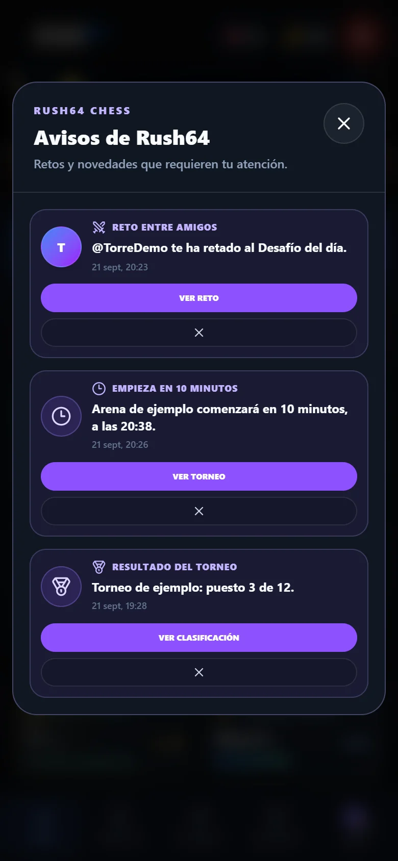 Centro de avisos de Rush64 Chess con ejemplos de reto de un amigo, recordatorio y resultado de torneo