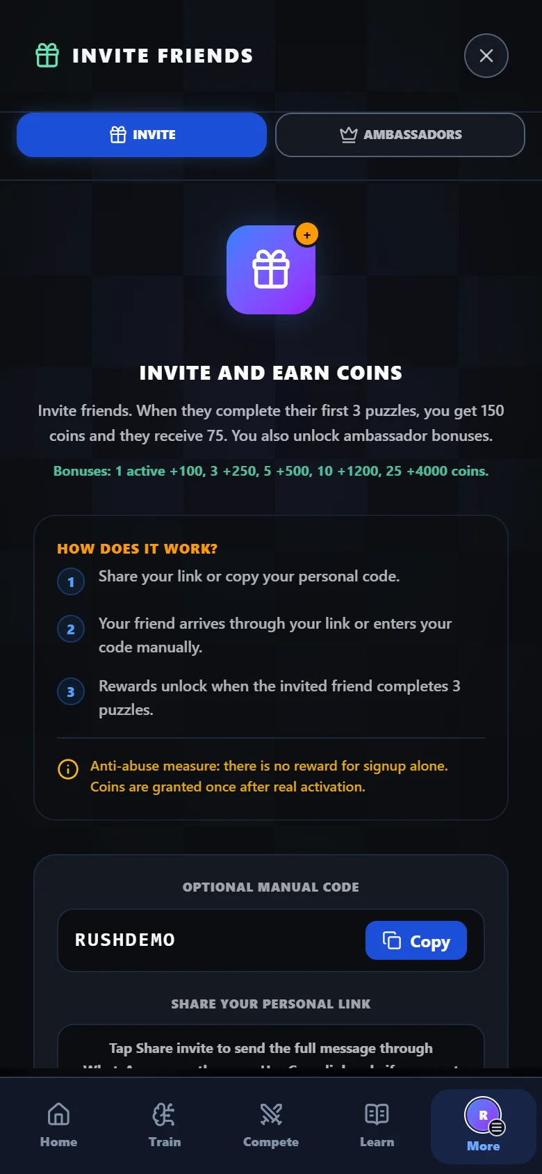 Rush64 Chess referral screen with an example invitation code