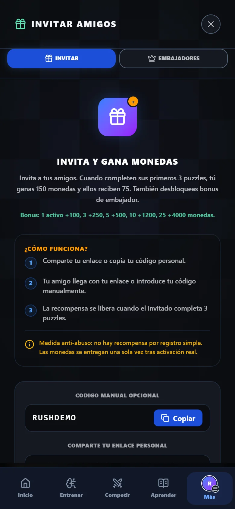 Pantalla de invitaciones y referidos de Rush64 Chess con código de ejemplo