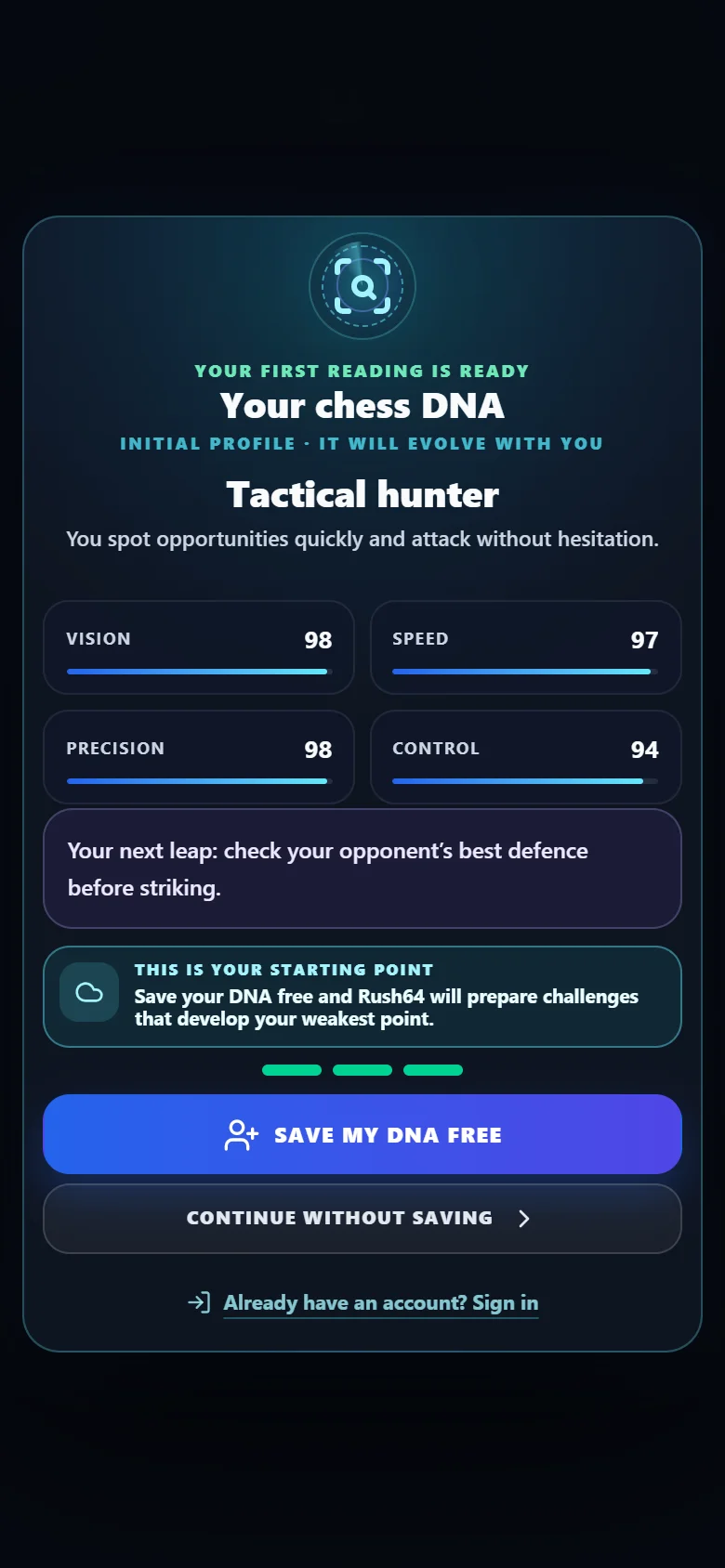 Actual Rush64 Chess round result with the tactical profile earned by playing