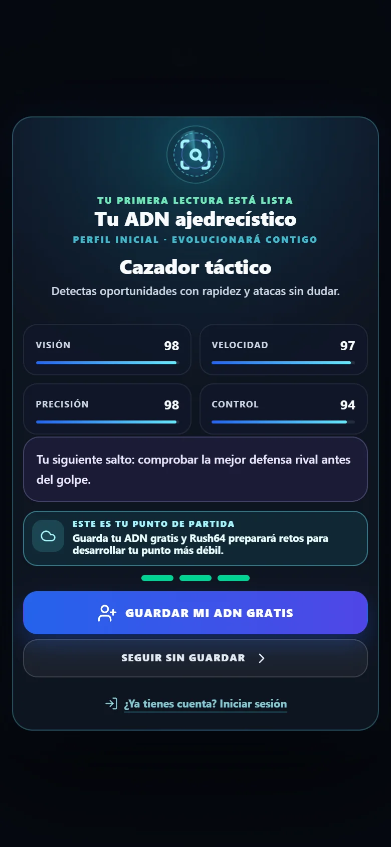 Resultado real de una ronda de Rush64 Chess con el perfil táctico obtenido al jugar