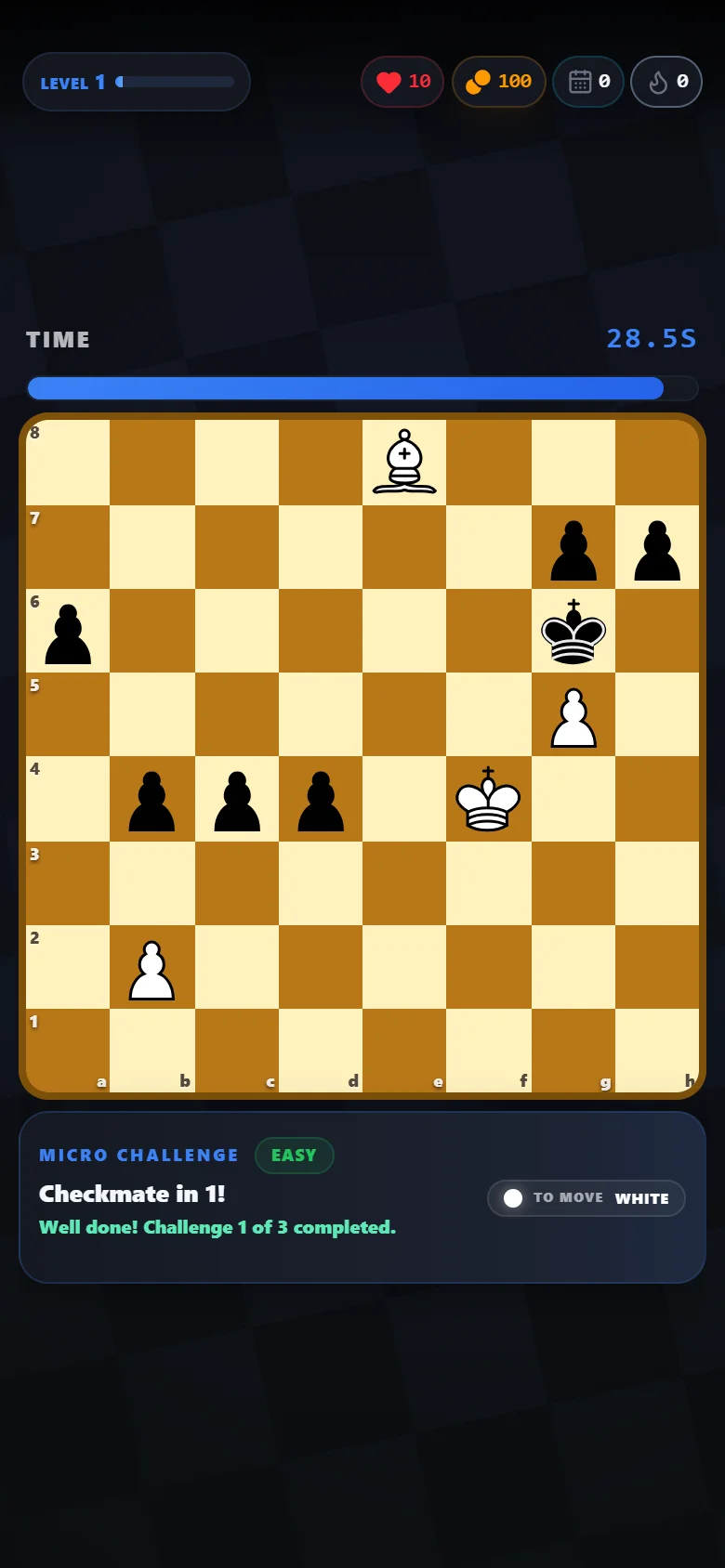 Real solved-challenge feedback on the Rush64 Chess gold board