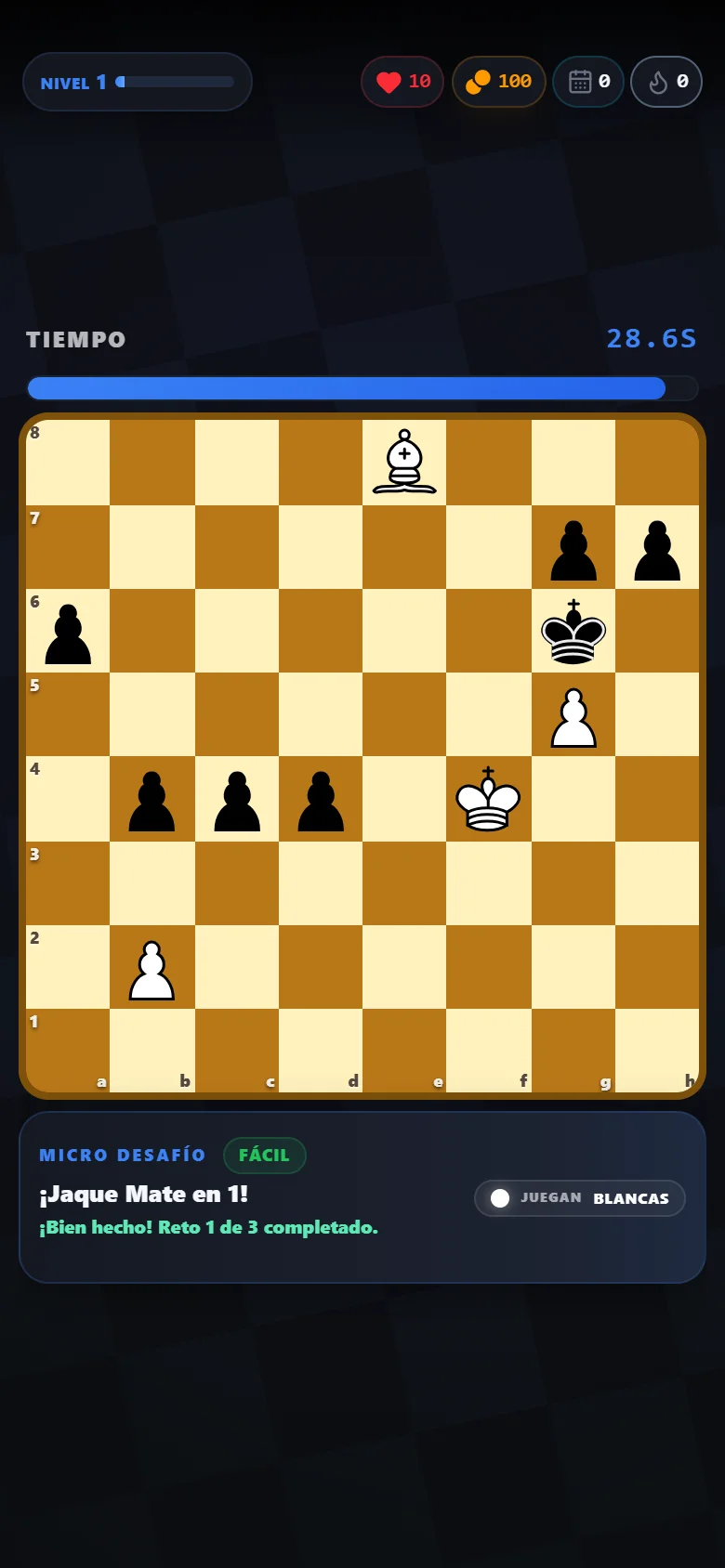 Confirmación real de un desafío resuelto en el tablero dorado de Rush64 Chess