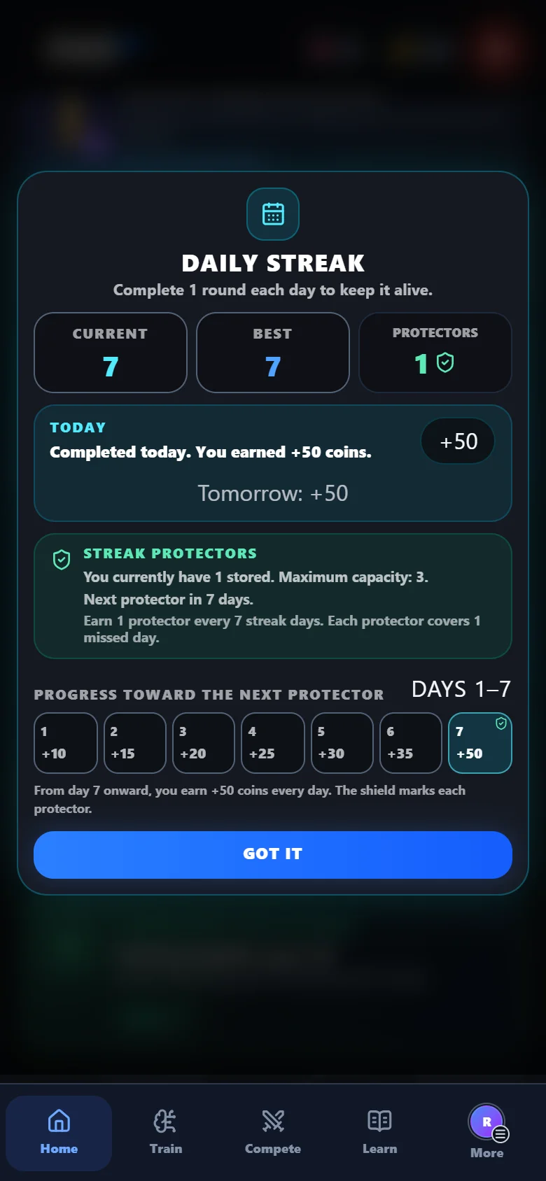 Rush64 Chess daily streak screen showing seven days and one example protector