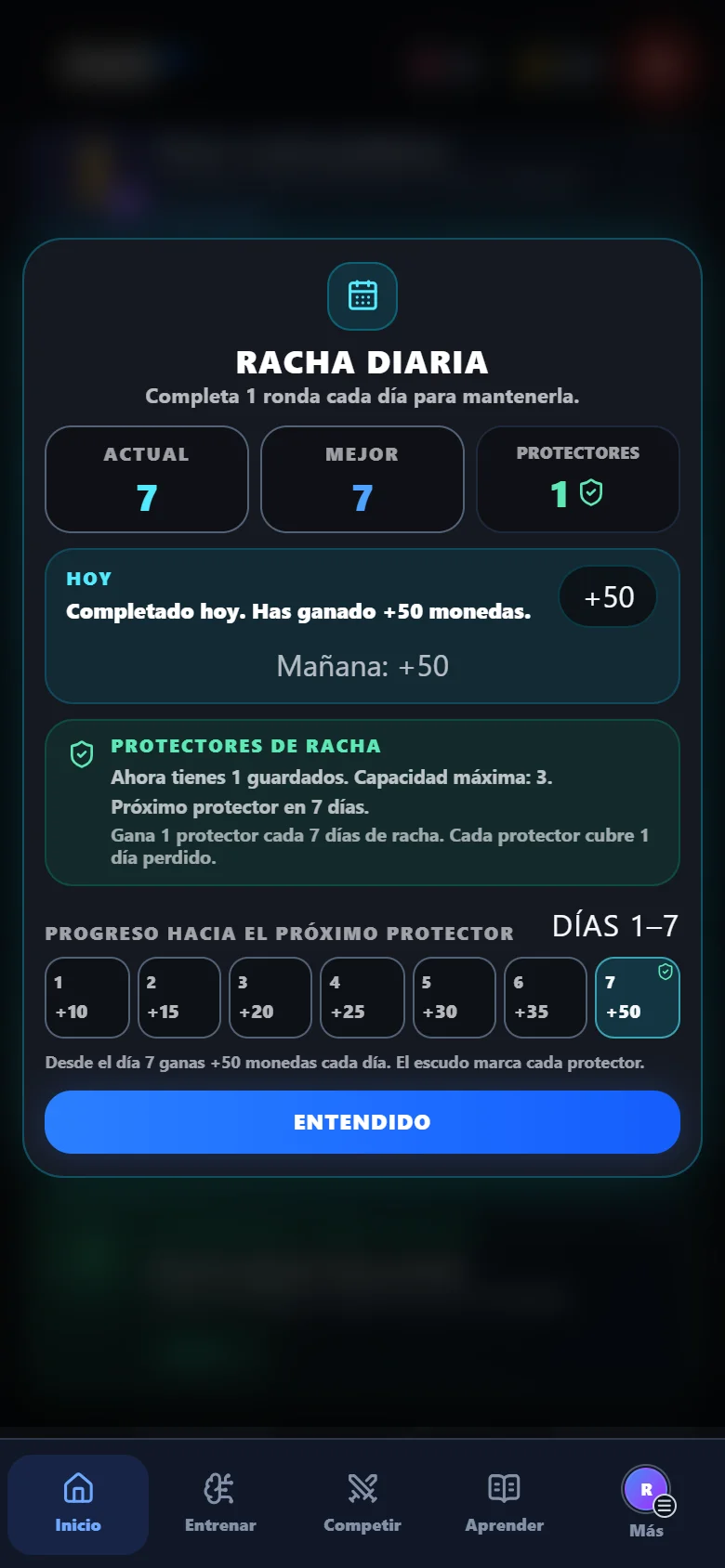Pantalla de racha diaria de Rush64 Chess con siete días y un protector de ejemplo