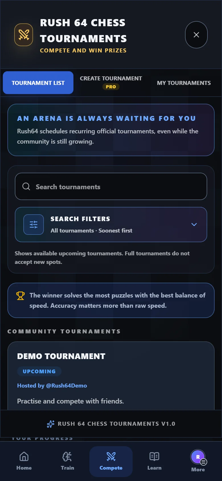 Rush64 Chess tournament list with a demonstration tournament