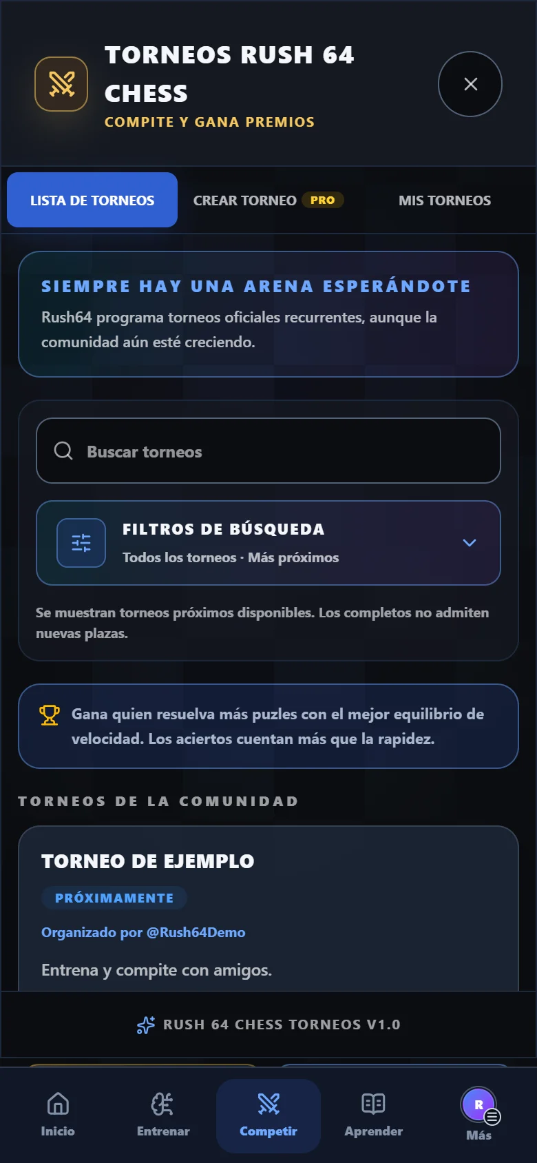 Listado de torneos de Rush64 Chess con un torneo de demostración
