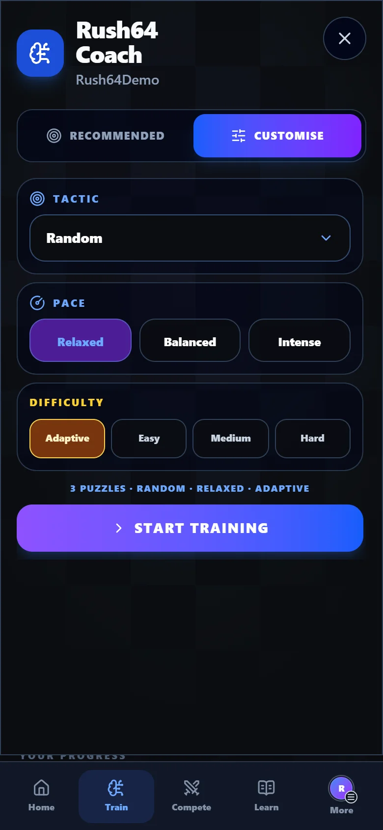 Rush64 Chess session designer with tactic, difficulty and pace controls