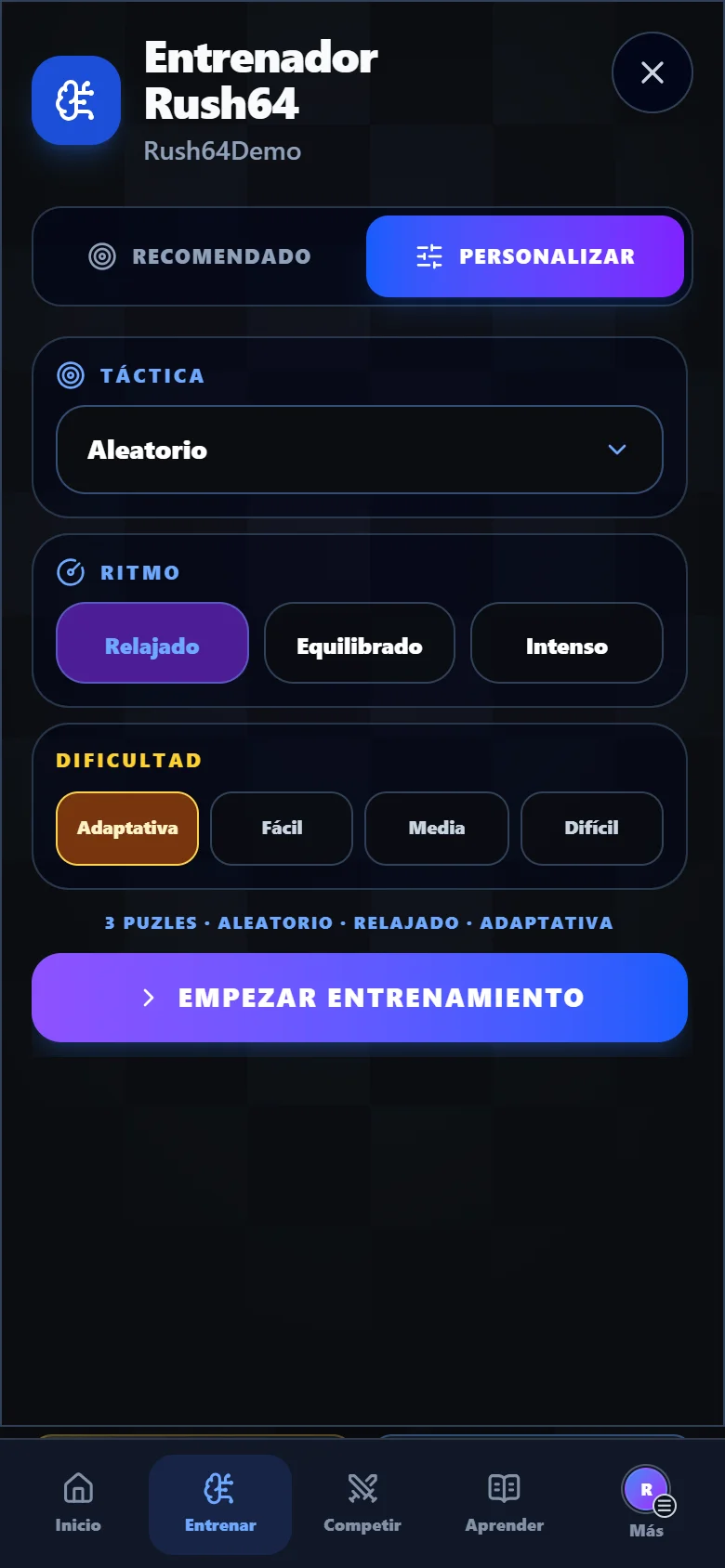 Diseñador de sesión de Rush64 Chess con táctica, dificultad y ritmo seleccionables