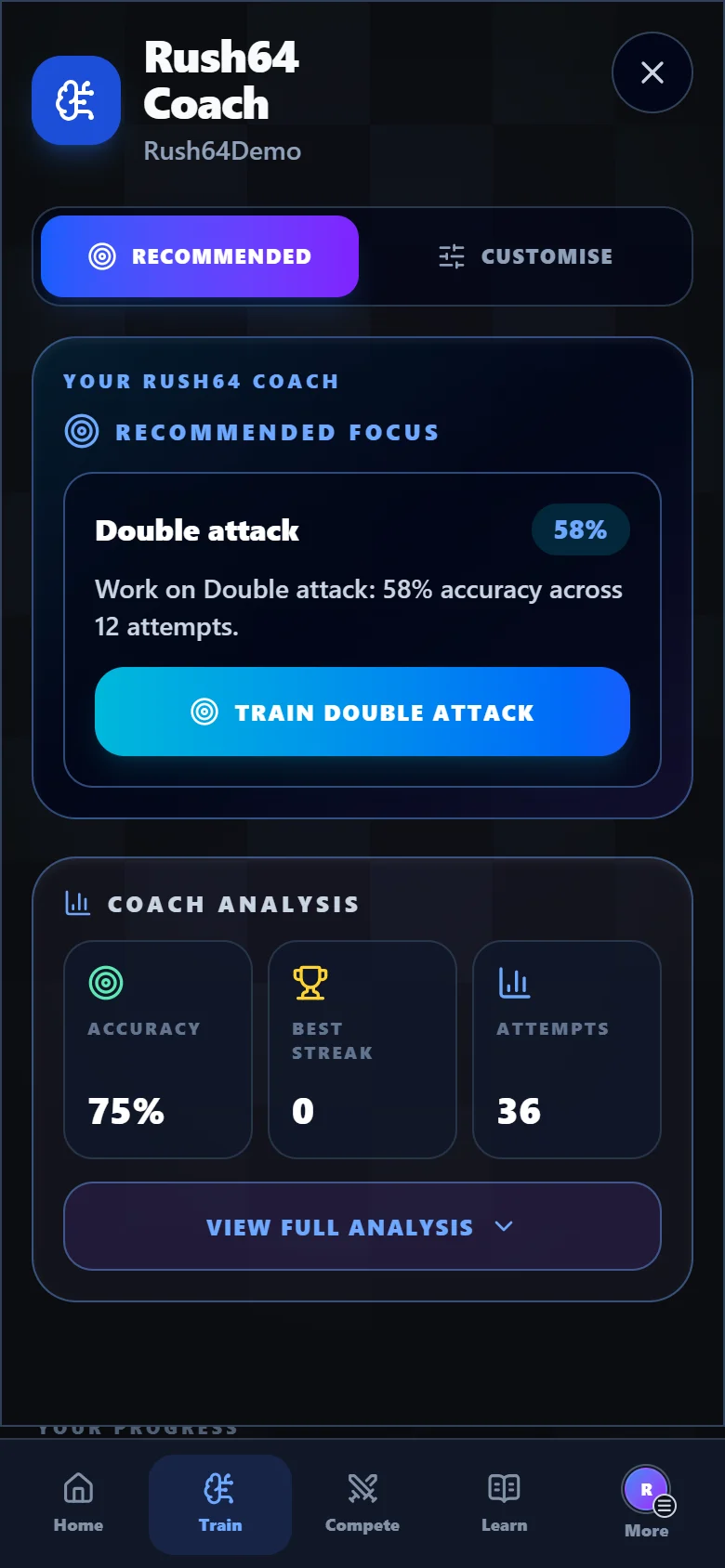 Rush64 Chess coach recommending double attacks based on demonstration results