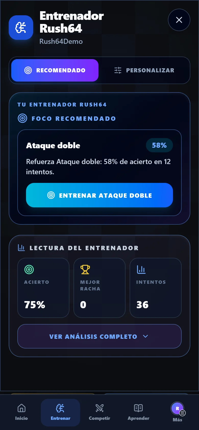 Entrenador de Rush64 Chess recomendando ataques dobles a partir de resultados de demostración