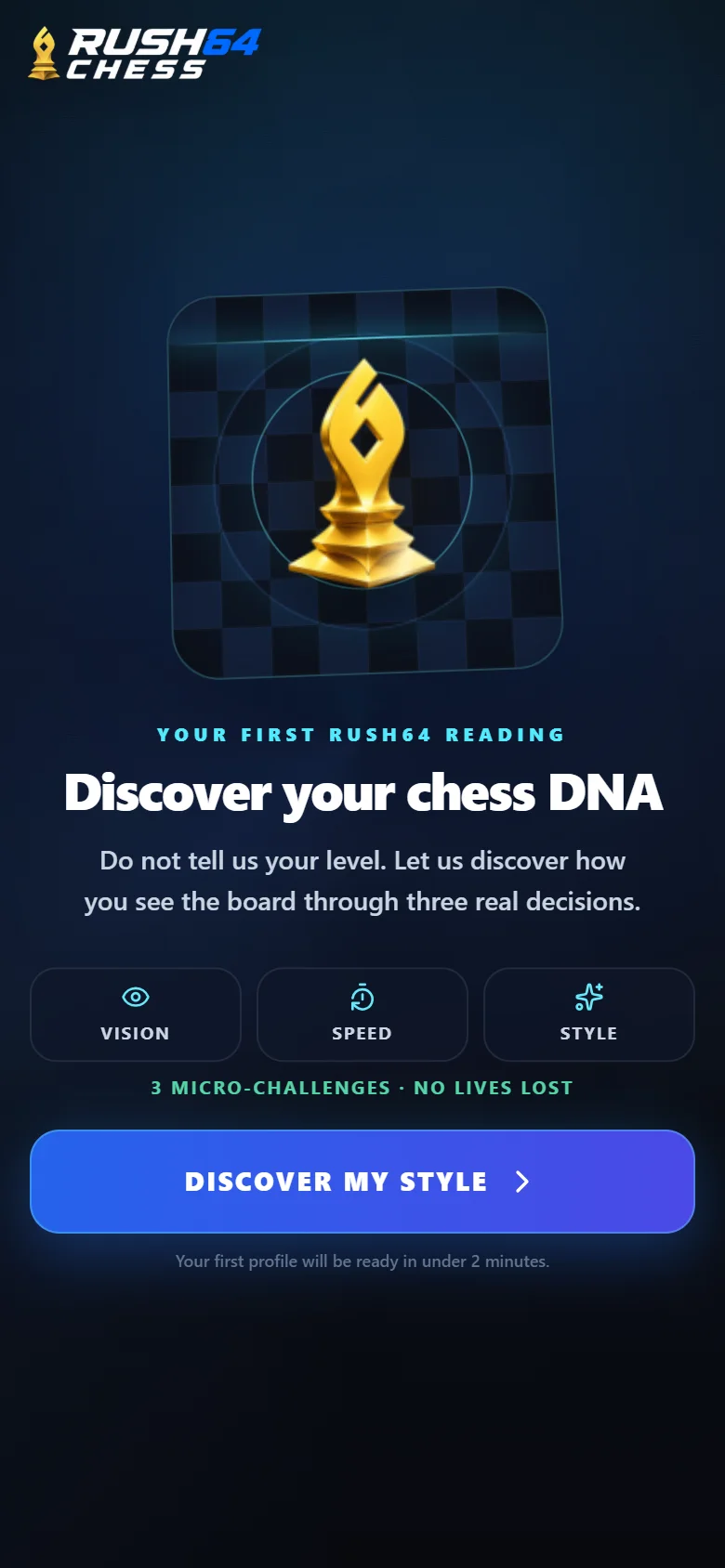 Rush64 Chess welcome screen before the first round